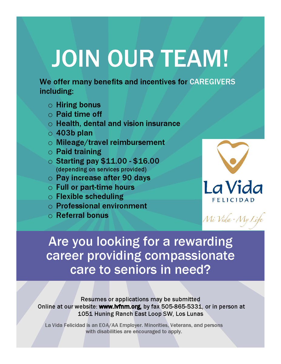 #LosLunas' La Vida Felicidad is #HIRING stop by today and tomorrow! 
For more details visit their website lvfnm.org