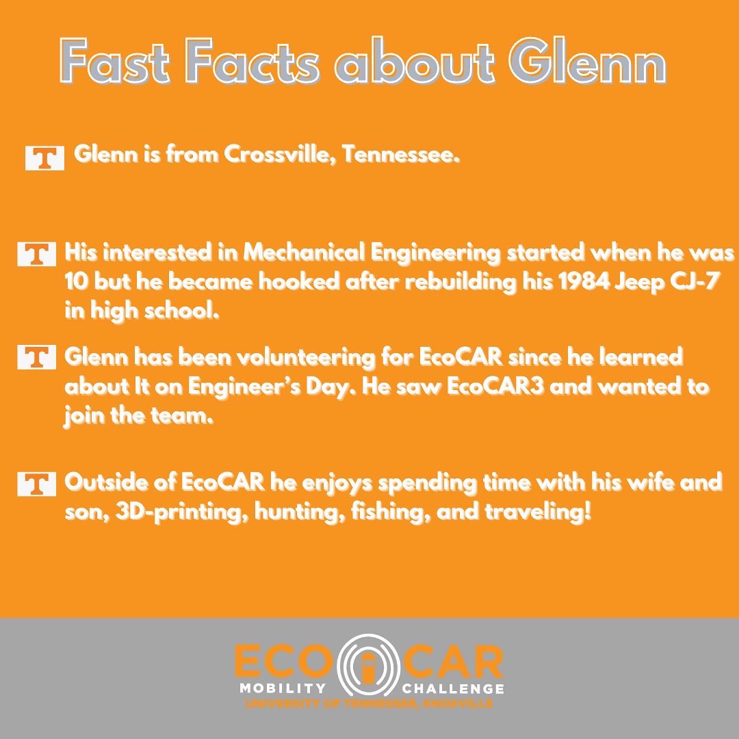 EcoCarUTK's tweet photo. For this weeks throwback we are highlighting a long time volunteer Glenn Star.

Glenn has accepted a Job offer from General Motors for their global propulsions manufacturing TRACK program.

 #ecocar #spotlight #engineering #govols #successfulvols #volsonthemove #finalsemester https://t.co/aDaFtcD87p