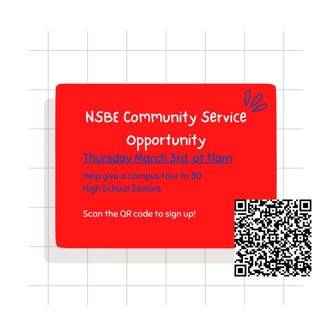 Check out this NSBE community service opportunity where you can help lead a campus tour for graduating high school seniors. Sign up using the link in our bio!🤝
