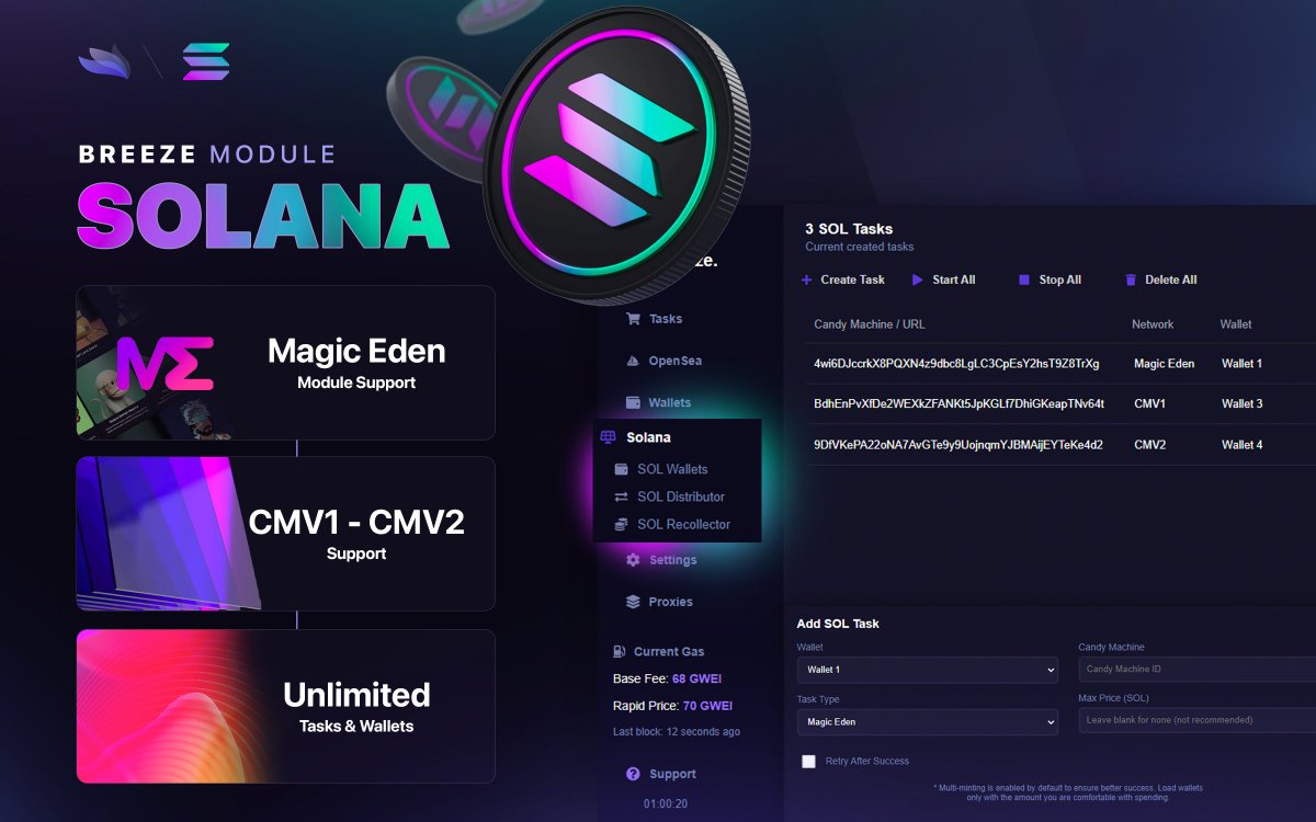 Introducing Solana Support 📊

- Contract minting for SOL
- Manage multiple Wallets
- Snipe listings on Magic Eden

Revolutionizing #NFTs and becoming a true AIO. 🥼
