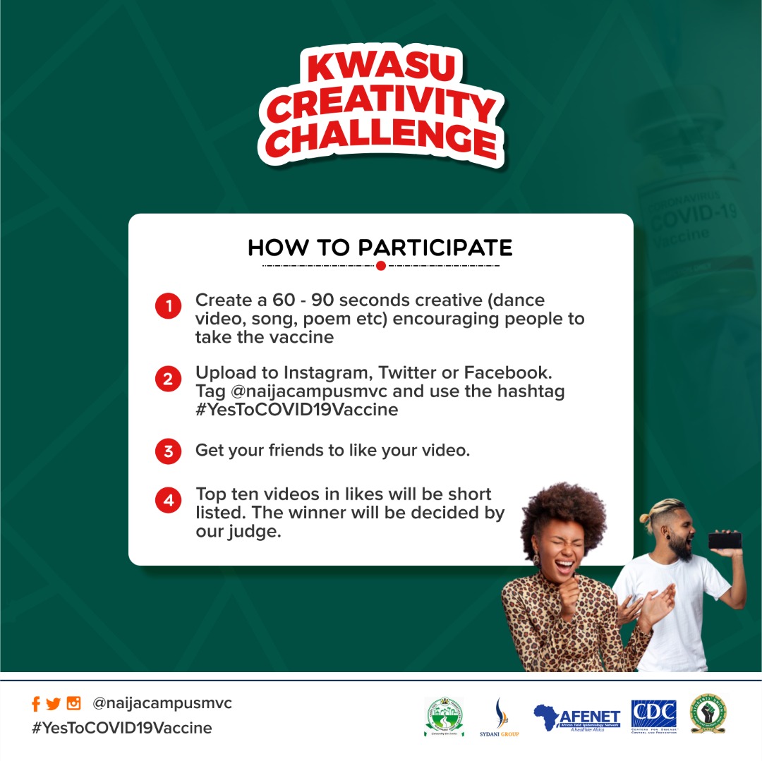 naijacampusmvc's tweet image. #50,000 up for grabs in the KWASU creativity challenge
If you&apos;re a student of @KwasuOfficial and you can sing, dance, draw or do something creative regarding COVID19 vaccination then this is for you
@KwasuSu2020 @KWASUSU_SRA 
#YesToCOVID19Vaccine