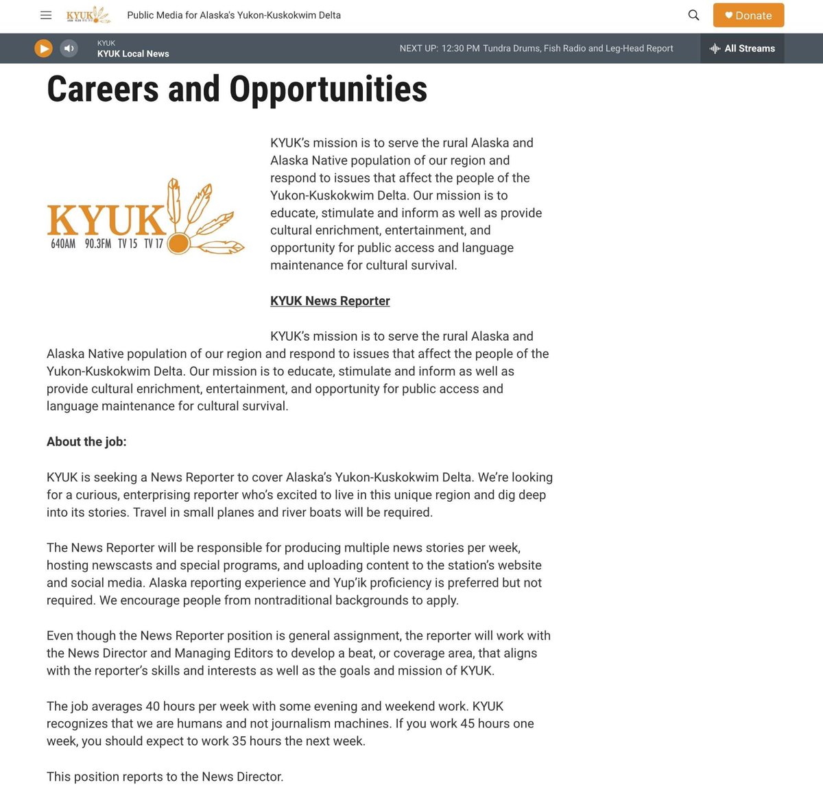 UAF_COJO's tweet photo. KYUK is hiring for a News Reporter position - a perfect opportunity for a former #UAFCOJO student! 
https://t.co/WQOlGoWyTx

#alaska #journalism #news #media #reporting #clais #naturallyinspiring #alaskajobs #jobs #journalismjobs https://t.co/GefvI1kODC