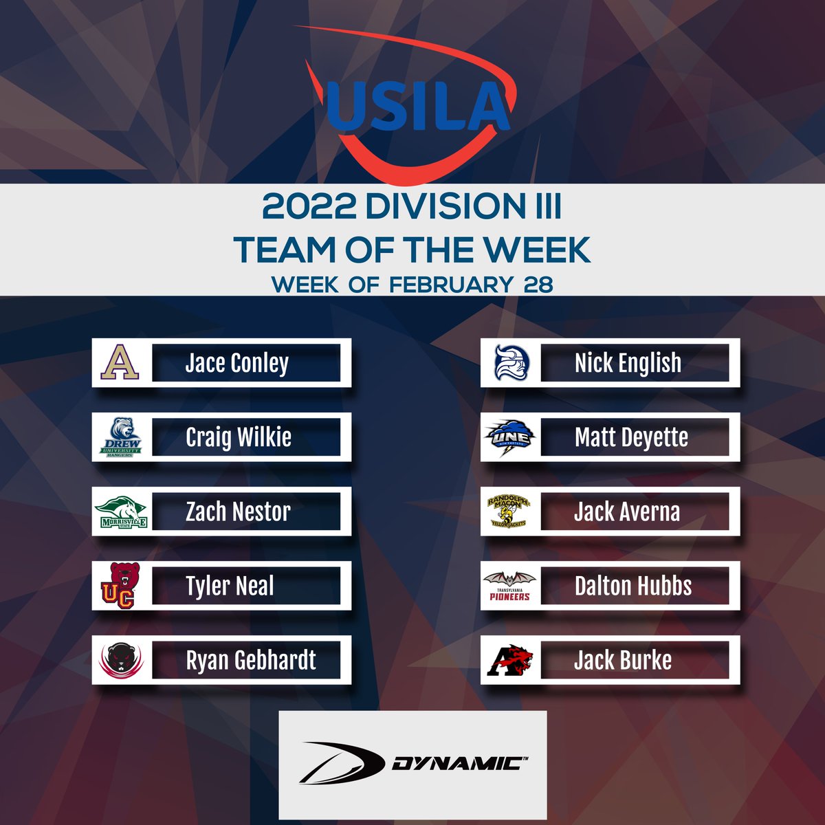 Congratulations to this week's USILA/Dynamic Teams of the Week (Week of Feb. 28)! Keep it going!