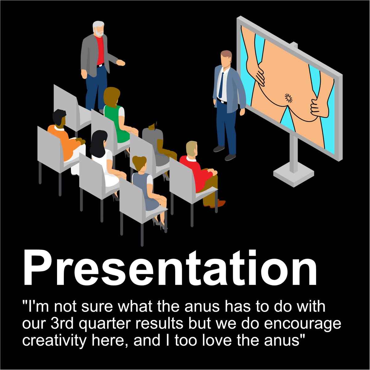 FunnyNFTGuy's tweet photo. A fan favourite: Presentation (Black) from the #DCGallery - what would happen if you presented an anus at work???
#DrawnCompany =
Funny, Rude and Crude NFTs 🤣🤯🤮
Nefty Drops: https://t.co/qnMpXysbRS
Atomic: https://t.co/JcOM5kkeWi
Discord: https://t.co/bdVtOxVKTY https://t.co/fRUX448FkF