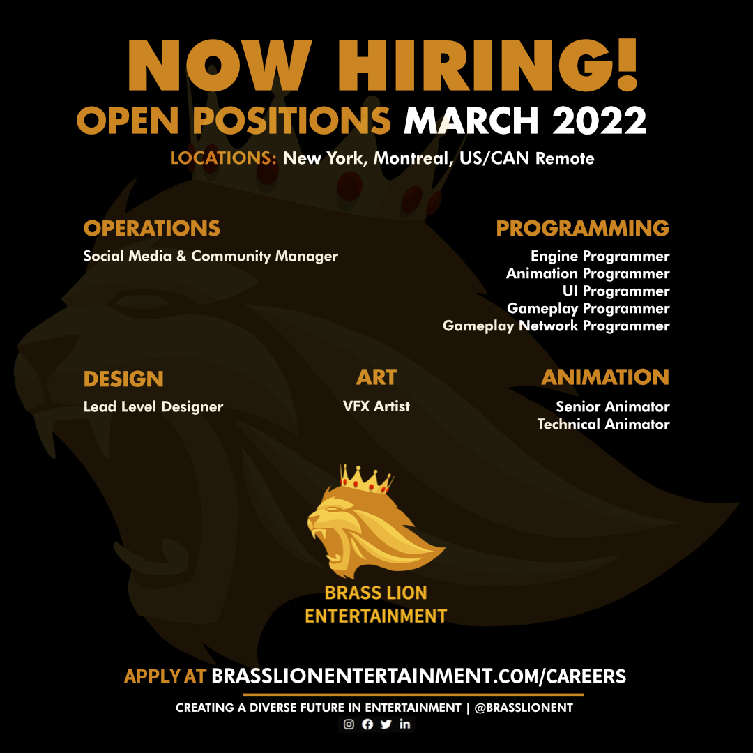 brasslionent's tweet photo. Check out Brass Lion's open positions for March 🦁
 
👉🏽https://t.co/osrqrkRKS2

✨Diverse applicants highly encouraged to apply✨

#GameJobs #GameDev #BLECareers https://t.co/voZMhlfxn9