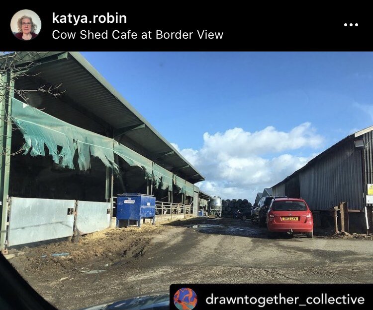 <a href="/KatyaRobin/">Katya Robin</a> | Drawing the Cow sheds from the car. Thanks to @florencepklein for sharing oil pastel transfer method. Very handy for portable colour on cold days. <a href="/DrawnTogetherCo/">Drawn Together Collective</a>