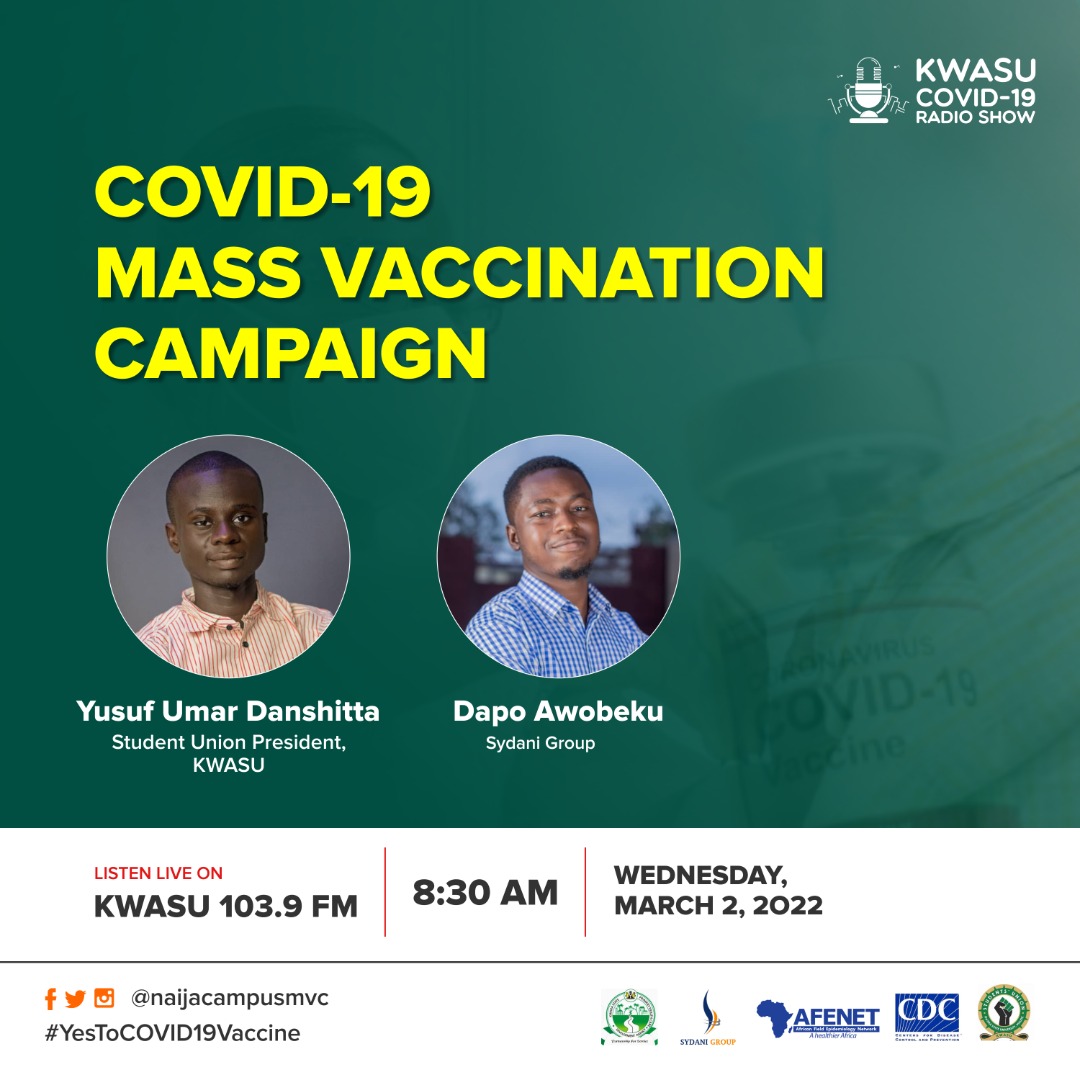 naijacampusmvc's tweet image. Tune in to KWASU 103.9 FM and ask us what ever you want to know about the COVID-19 mass vaccination campaign
@KwasuOfficial @KwasuSu2020 @KWASUSU_SRA 
#YesToCOVID19Vaccine
