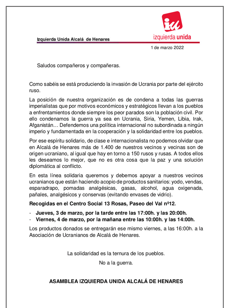 PceAlcalaH's tweet image. Este jueves 3 de marzo de 17h a 20h, y el viernes 4 de 10h a 14h, habrá recogida de alimentos en el Centro Social 13 Rosas, que se donarán a la Asociación de Ucranianos de Alcalá.

@CS13Rosas @IU_Alcala 

#NiPutin #NiOtan #NiGuerra