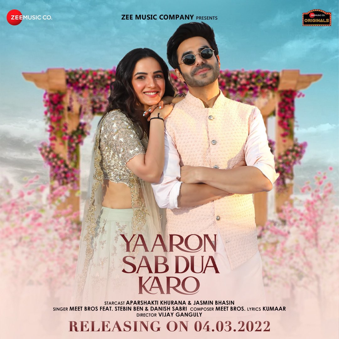 We are all set to make you fall in love with #YaaronSabDuaKaro 🥰 Song releasing on 04.03.2022 #ZeeMusicOriginals @Aparshakti @jasminbhasin @stebinbenmusic @Mann_meetbros @kumaarofficial #DhruvKhanna #JanardhanSharma #VijayGanguly @anuragbedi