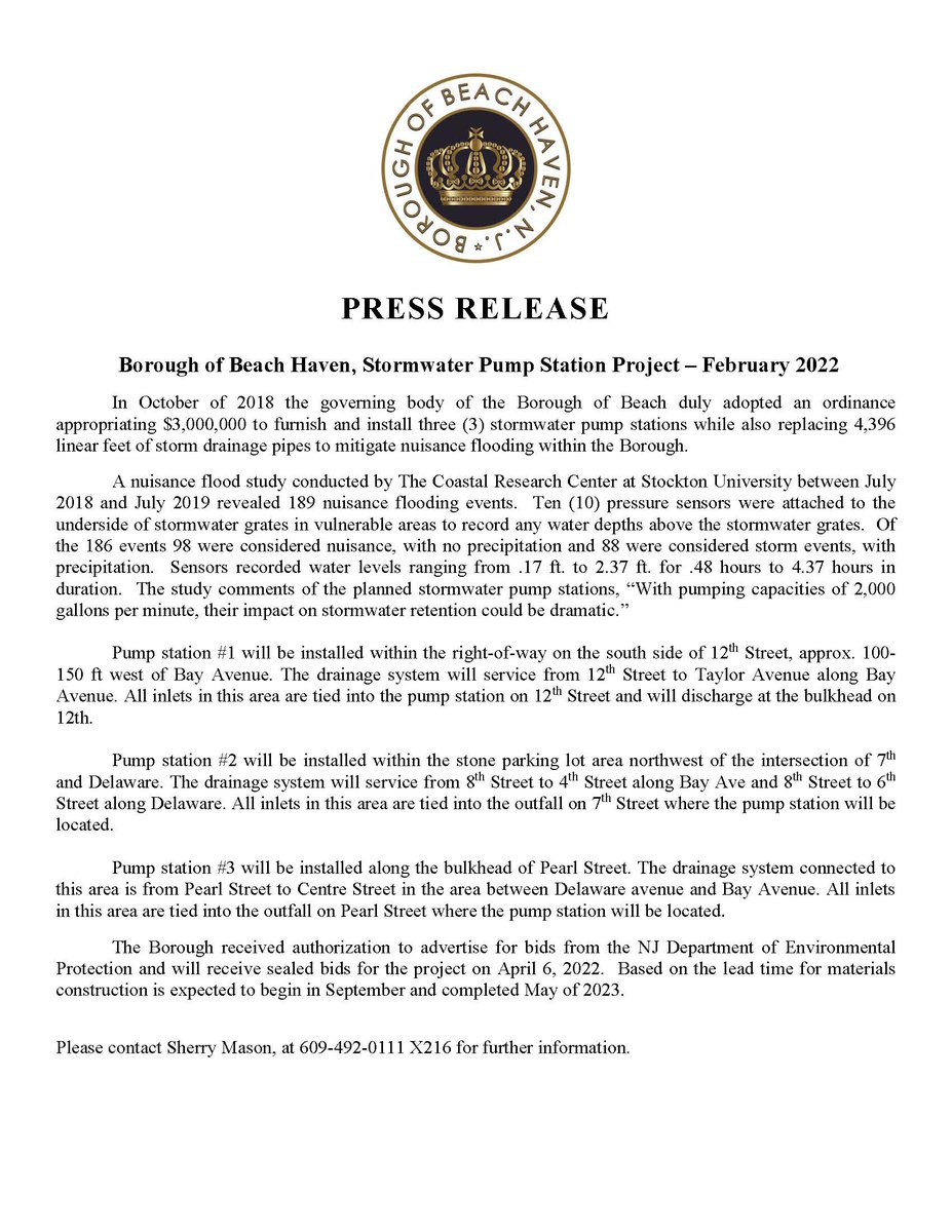 Please read the following statement on the upcoming Pump Stations that will be installed in the Borough.  Any questions, please call Sherry Mason at 609-492-0111 x216