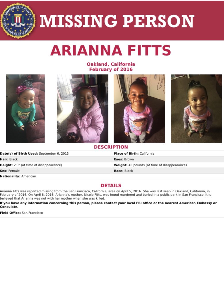 ShanniHorror's tweet photo. Arianna Fitts was reported missing from the San Francisco, California, area on April 5, 2016. She was last seen in Oakland, California, in February of 2016. On April 8, 2016, Arianna's mother, Nicole Fitts, was found murdered and buried in a public park in San Francisco. https://t.co/5fjCJoqSCq