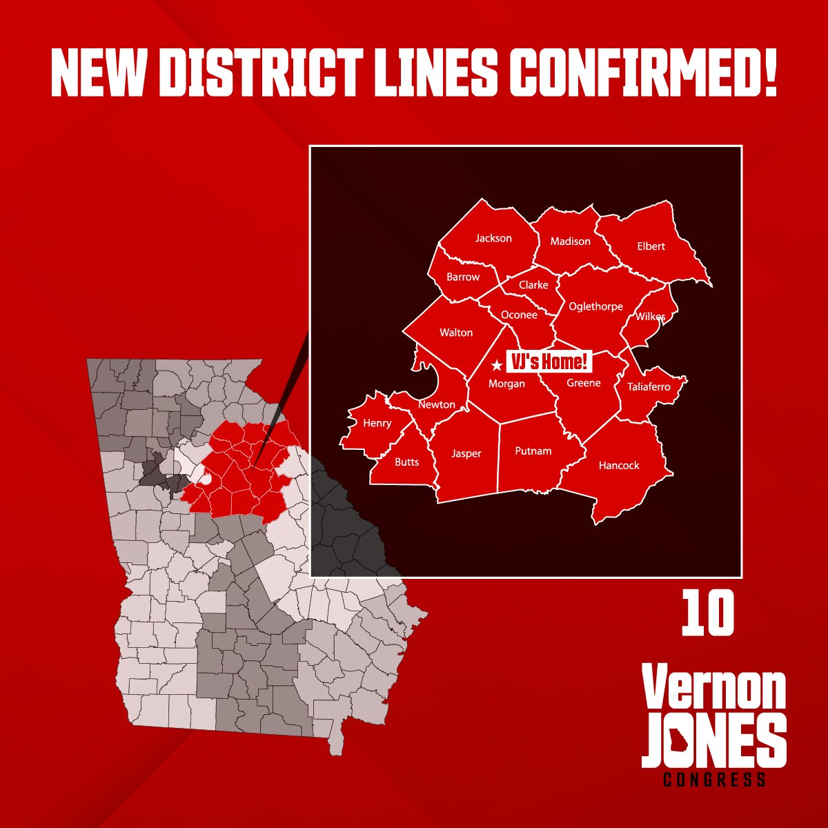 VernonForGA's tweet photo. Our district lines are now CONFIRMED! We are ready to lead the fight to take back America! Please SHARE this graphic with anyone who lives in the 10th District to let them know they can #VoteVernon! https://t.co/PGlNuBLtP1
