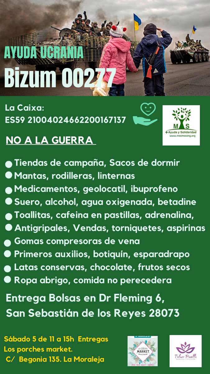 Podéis traer donaciones a Dr Fleming 6, San Se de los Reyes de 10 a 20h de lunes a Viernes. Sábados de 10 a 15h.
Sábado 5 de 11 a 15h Los porches market
#noalaguerra #ucrania🇺🇦 #helpukraine #war #ayudahumanitaria #ukraine #recogidadealimentos #recogidamedicamentos #recogidaropa