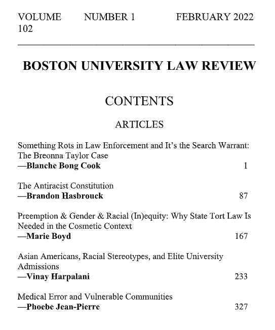 BU Law Review (@bulawreview) on Twitter photo Our inaugural Diversity & Inclusion issue is now available online. The first issue of Volume 102 features <a href="/blanche_bong/">Blanche Cook</a>, <a href="/b_hasbrouck/">Brandon Hasbrouck</a>, <a href="/MarieCBoyd/">Marie Boyd</a>, <a href="/VinayHarpalani/">Vinay Harpalani</a>, and Phoebe Jean-Pierre.
bu.edu/bulawreview/20… Our inaugural Diversity & Inclusion issue is now available online. The first issue of Volume 102 features <a href="/blanche_bong/">Blanche Cook</a>, <a href="/b_hasbrouck/">Brandon Hasbrouck</a>, <a href="/MarieCBoyd/">Marie Boyd</a>, <a href="/VinayHarpalani/">Vinay Harpalani</a>, and Phoebe Jean-Pierre.
bu.edu/bulawreview/20…