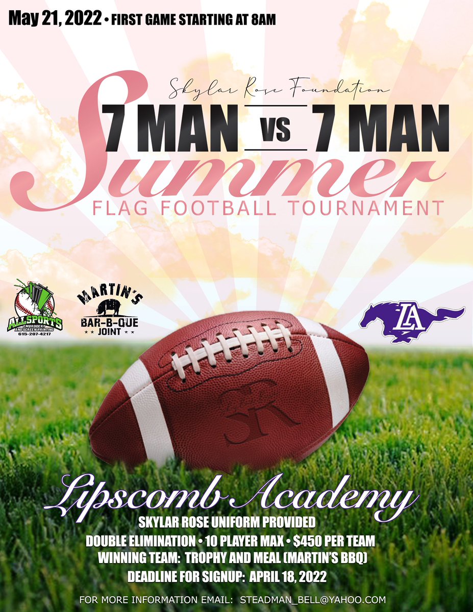 I am excited to announce the 1st Annual 7v7 tournament that I’ll host for the Skylar Rose Foundation! All proceeds from this event will go towards @SRFnonprofit thank you to everyone involved for making this happen! Please share!!!