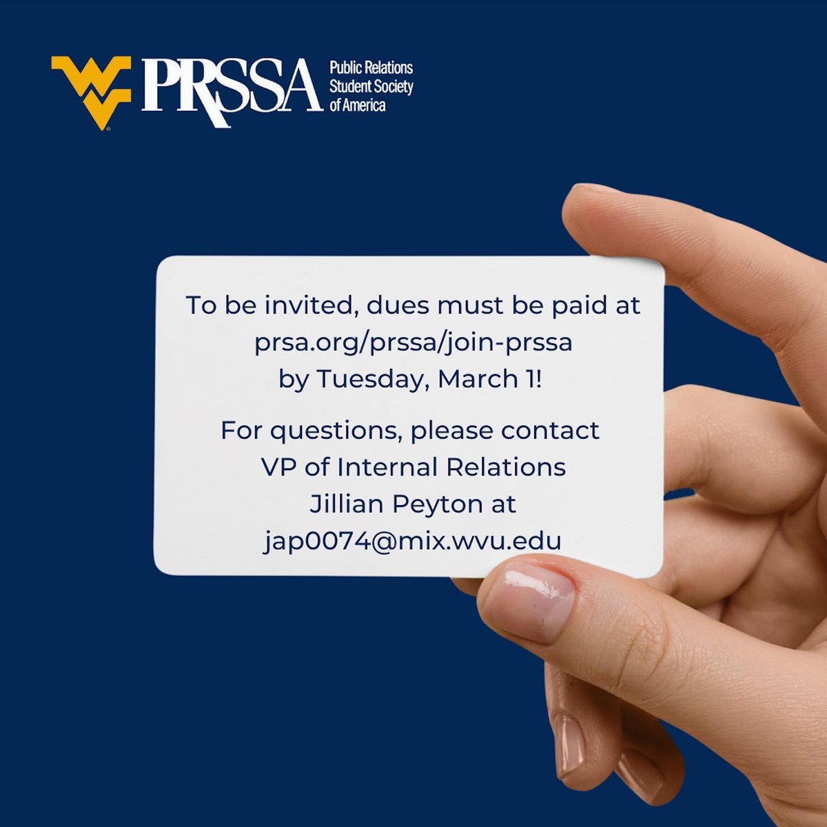 Don’t forget to pay your dues today to receive an invitation to our induction ceremony on March 24!
#PRSSA #WVUPRSSA