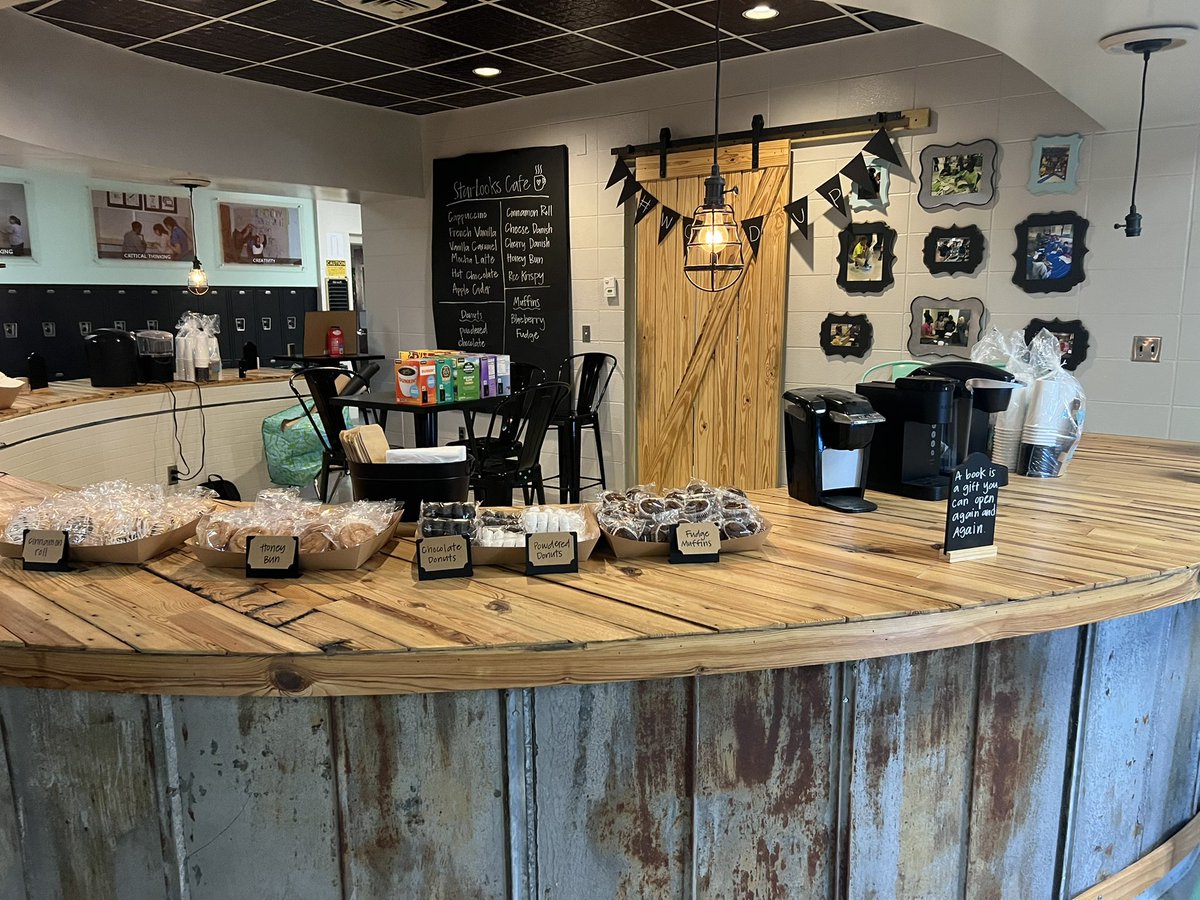 AshleyGableEDU's tweet photo. Getting set up for our Starbooks cafe for #WordUp Wednesday tomorrow as @TCBOE_CMS Ss participate in read-a-thons across the school for #ReadAcrossAmerica! We are kicking off our #LevelUpReading book challenge to increase volume of reading @jesse_hooks @cardwelldalisha @TCBOE https://t.co/dcbjpC55y3