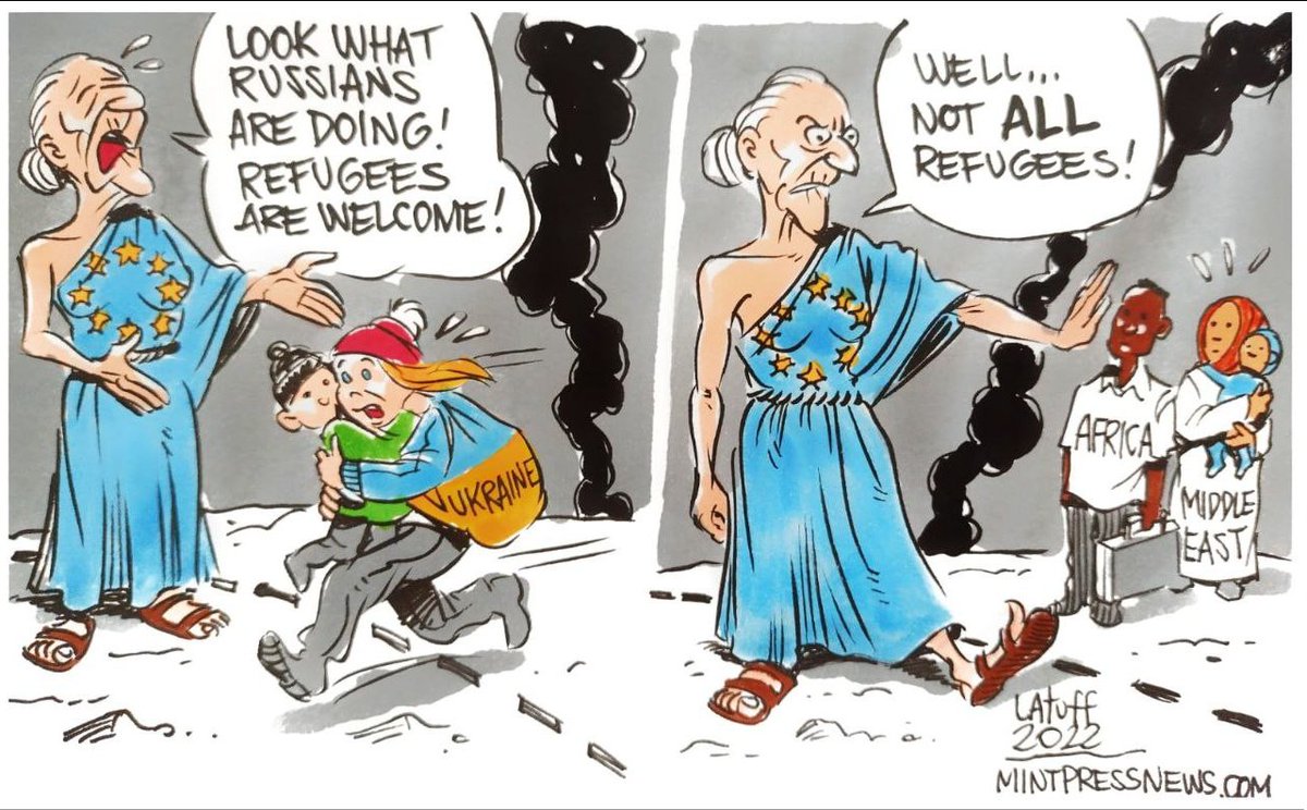 It’s no secret that the West prefers some refugees to others. #Ukraine #Russia #NATO #Refugees

Cartoon by <a href="/LatuffCartoons/">Carlos Latuff</a>