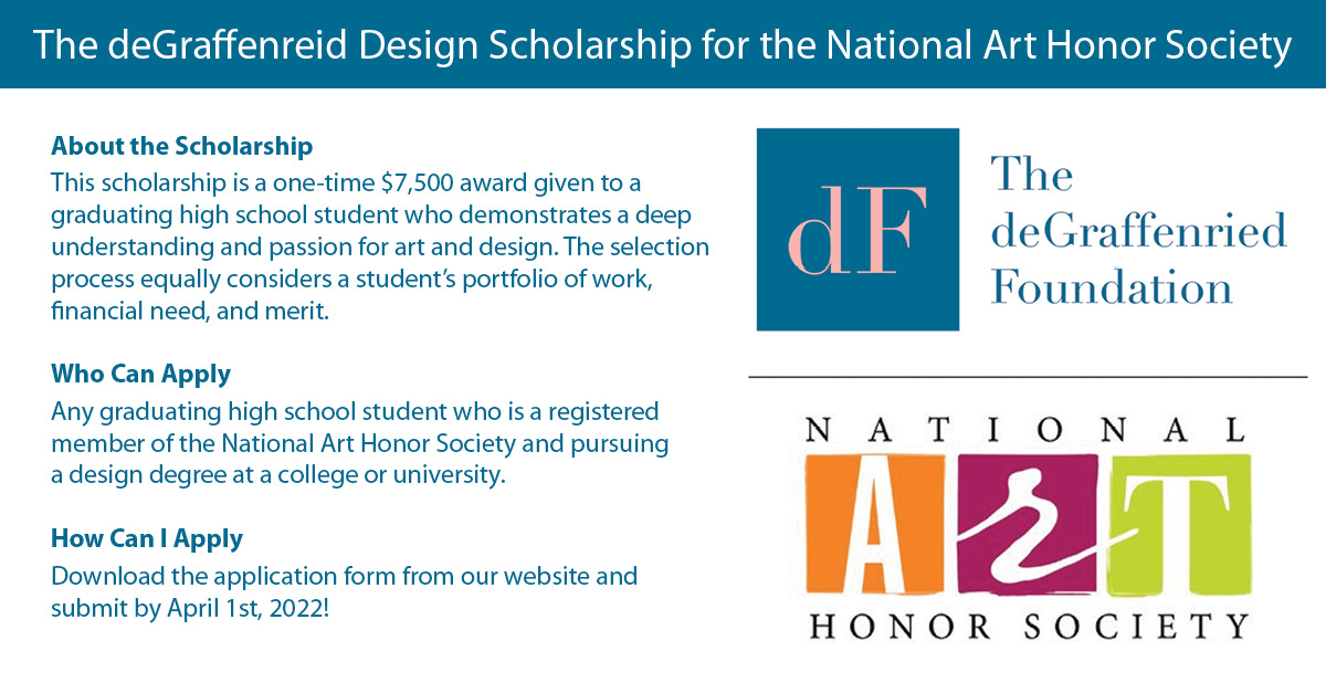 NAEA's tweet image. NAEA is partnering scholarship with The deGraffenried Foundation (dF) to provide a $7,500 award to a graduating high school student who is a member of the National Art Honor Society and planning on a career in design! More here: ow.ly/LSvX50I7ugj