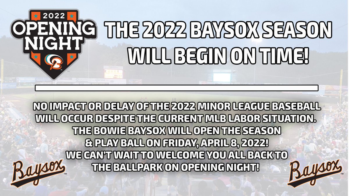 BaysoxOfficial's tweet photo. REMINDER: The 2022 Bowie Baysox season begins ON TIME Friday, April 8 @ 7:05 pm vs. Richmond.

The MLB Lockout DOES NOT affect the Minor League Baseball Season. Spread the word!

Make your plans to join us this season!
Ticket plans on sale now https://t.co/FIQwjNIdh8 https://t.co/4oMIjrneJD