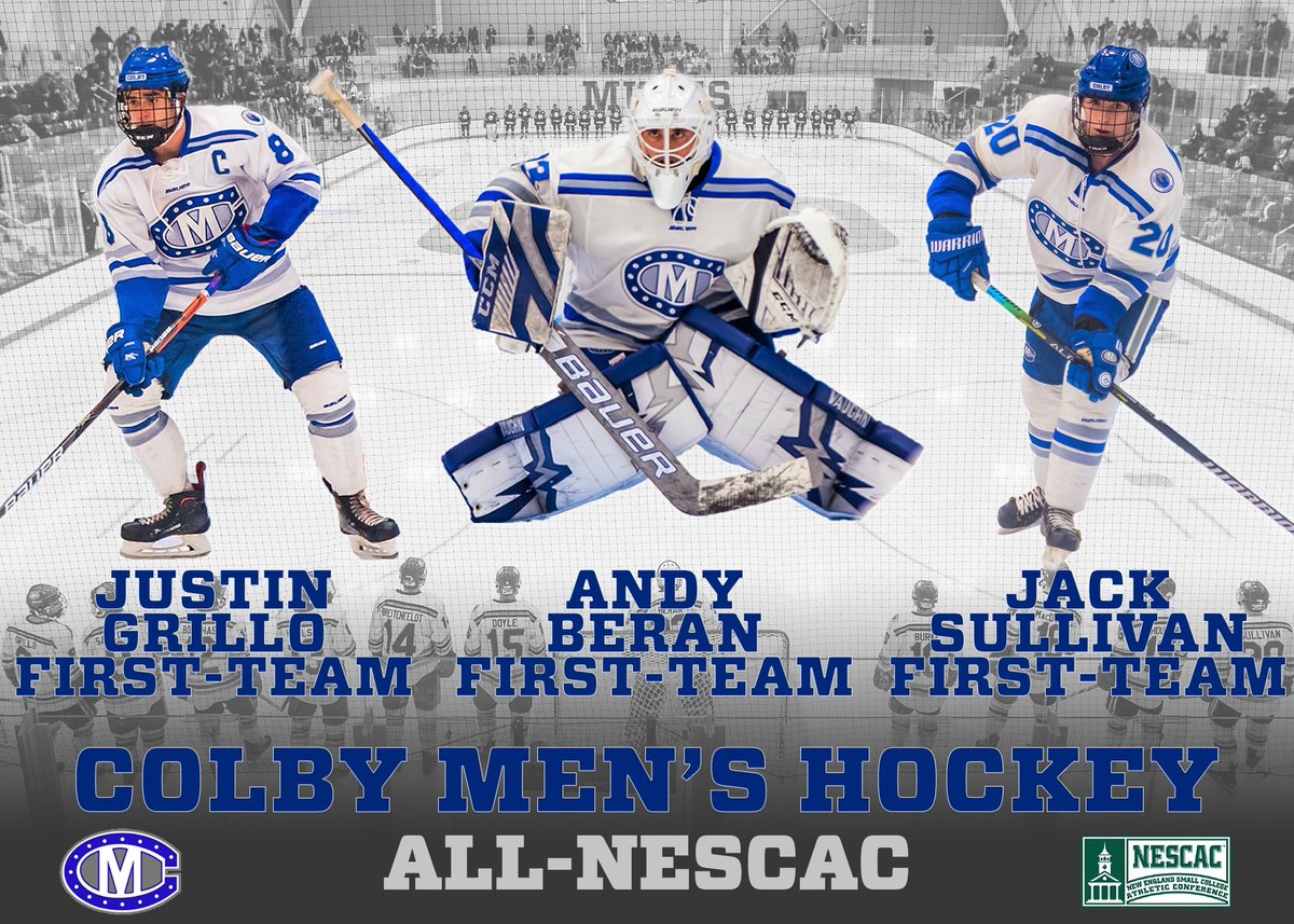 ColbyHockey's tweet photo. Congratulations to Justin Grillo, Andy Beran, and Jack Sullivan who have been named All-NESCAC First-Team! #MuleTrain #NESCAC https://t.co/Jwi0S3IgQs