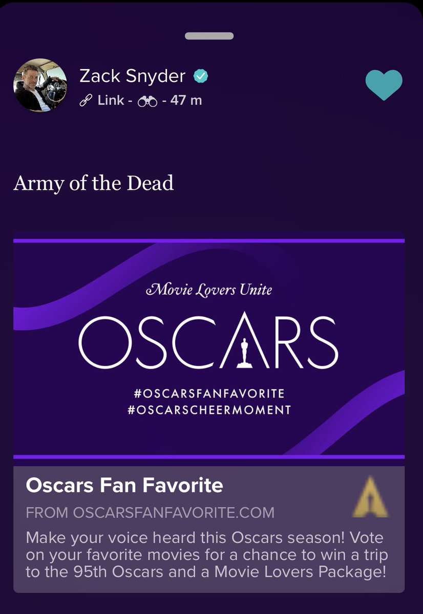 MSchweighoefer's tweet photo. Hello Ihr Lieben!
Movie Lovers Unite! Make your voice heard for this Oscars season by voting in this year’s Fan Favorite: Zack Snyder’s 'Army Of The Dead’ !
Voting closes on March 3. https://t.co/fn8dSjMlPI

#OscarsFanFavorite #ArmyOfTheDead #ZackSnyder #Oscars2022 https://t.co/aNVtMbY0RX