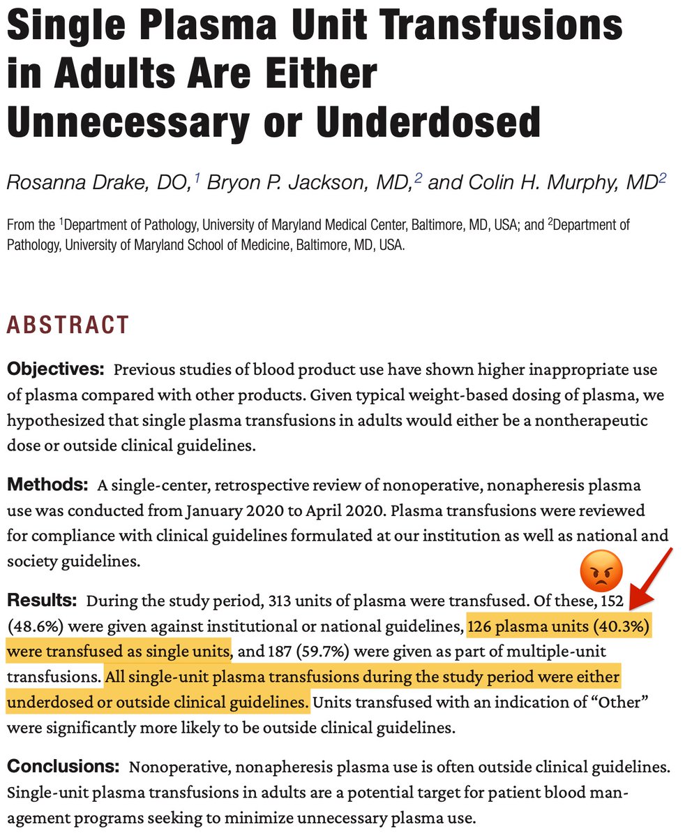 bloodbankguy's tweet image. With #bloodmanagement efforts, RBC transfusion is improved, especially with "why give 2 when 1 will do?" single RBC Tx. But what about PLASMA? Check out this EV article in @AJCPjournal showing 1 U FFP Tx is either unnecessary or not enough. #blooducation academic.oup.com/ajcp/advance-a…