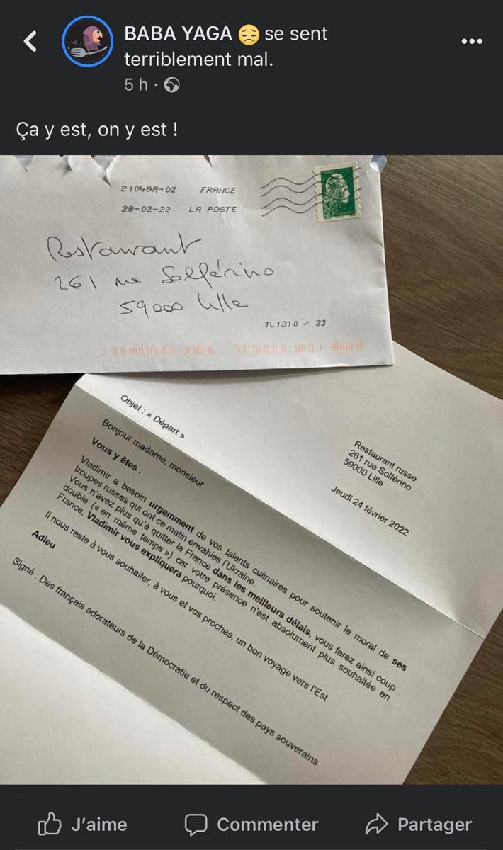 guilued's tweet image. A #Lille, l’excellent restaurant « russe » Baba Yaga a reçu un courrier insupportable. Il est tenu par deux charmantes dames depuis plus de 20 ans. Et elles sont en plus ukrainiennes. #Nausée