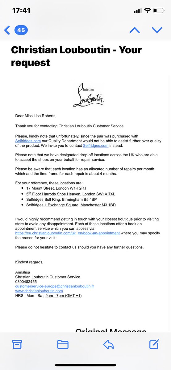 lisarob7's tweet photo. The #redsoleshoe update! @Selfridges @LouboutinWorld still no help! Guess I’m off to Manchester next! #disappointed #CustomerExperience #willneverbuyagain https://t.co/2rcZ6X3Gj6