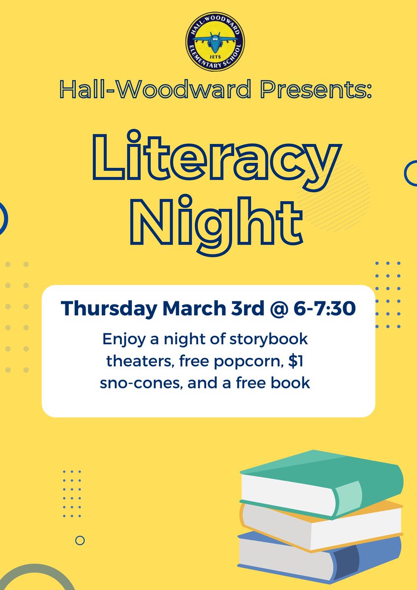 Literacy Night is this Thursday from 6-7:30. Come on out there will be storybook theaters, free popcorn, $1 sno-cones, and at the end of the night your child can pick out a book to take home!
