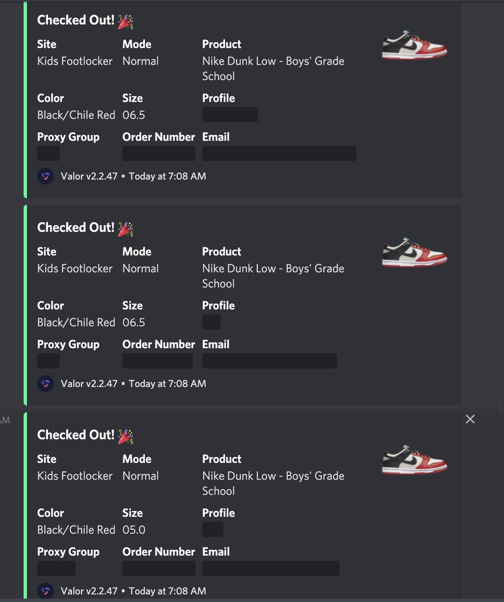 BIG Shouts to @ValorAIO for the 5 piece this morning 
proxies: @LiveProxies 
CG: @mamiskitchenio @SofloSuccess Thak you ALL !!!