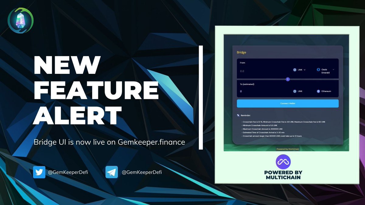 GemKeeperDeFi's tweet image. We are happy to announce you can now bridge your tokens to or from @OasisProtocol without leaving the platform!
Our Native Bridge UI Powered by @MultichainOrg is Live! ๐
App.gemkeeper.finance/#/bridge
#multichain #Oasis #DeFi