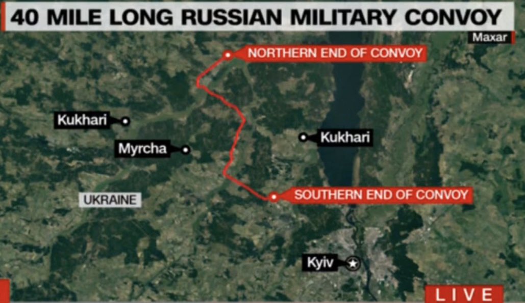 Tim2301's tweet photo. A 40 mile long Russian military convoy is on its way to Kyiv, Ukraine’s capital. This is what 40 miles (64km) looks like. Source @CNN #Kyiv #cnn #Ukraine #Russia #StopWarInUkraine https://t.co/0owbGv6Kfx