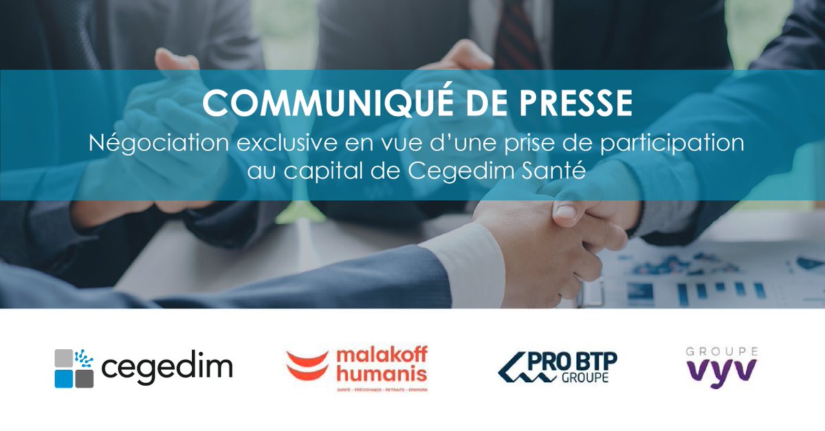 [#Communiqué] Malakoff Humanis, le <a href="/Groupe_VYV/">Groupe VYV</a> et <a href="/PROBTP_Groupe/">PRO BTP Groupe</a> entrent en négociation exclusive avec <a href="/CegedimGroup/">Cegedim Group</a> en vue d’une participation au capital de <a href="/CegedimSante/">Cegedim Santé</a>.⤵️
newsroom.malakoffhumanis.com/actualites/ceg…