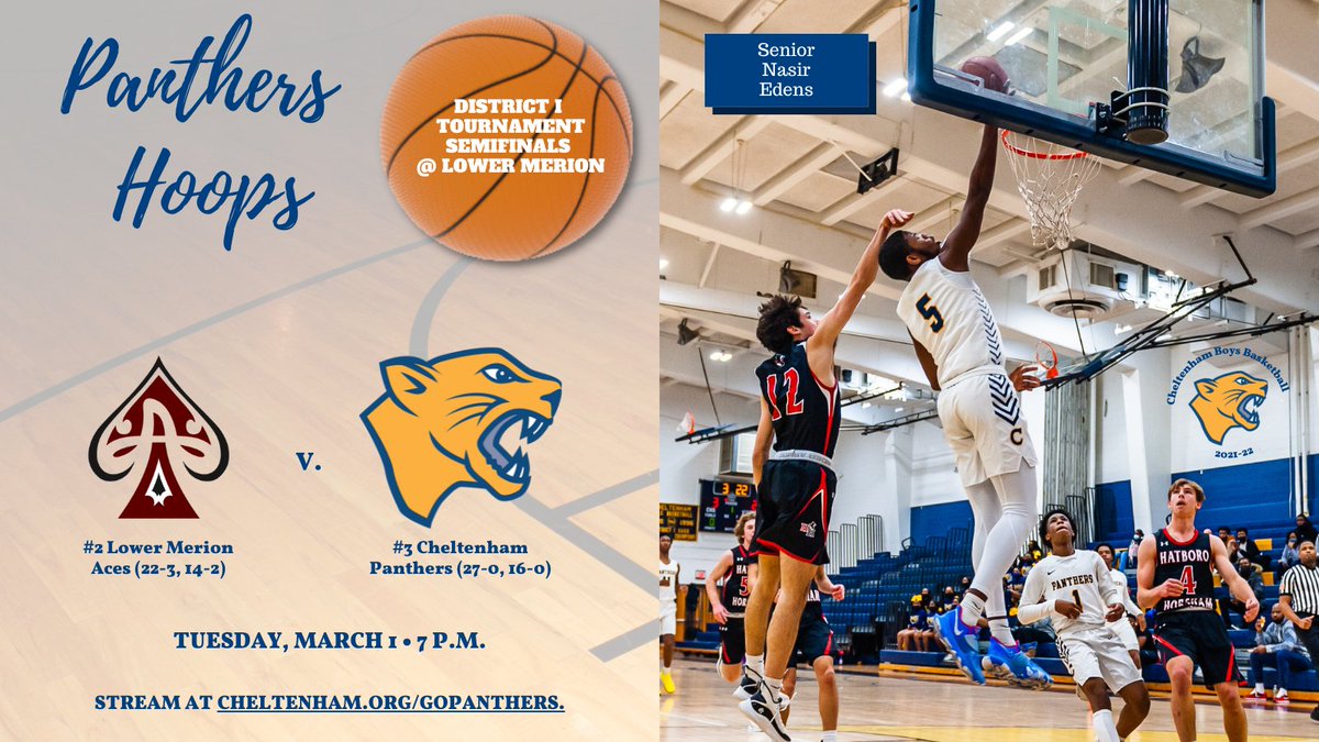 CheltenhamSD's tweet photo. The No. 3-seeded Panthers Hoops team plays Tuesday at No. 2- seeded Lower Merion at 7 p.m. for a berth in Saturday's District I title game at 6 p.m. at Temple.
Stream at https://t.co/JvsObYrswr.
#PantherPride #GoPanthers #BeatLM
@ChsHoopsFamily @CheltenhamAth https://t.co/fqQIWDjvVa