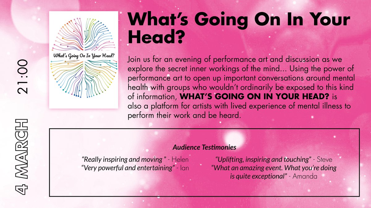 On Friday this week we are so excited to have <a href="/WGOIYH/">What's Going On In Your Head?</a> joining us with a talented line up of musicians and spoken word artists!
All profits will go to <a href="/Rethink_/">Rethink Mental Illness</a> &amp; <a href="/beatED/">Beat</a> Charities
Tickets from £5 available here: thehopetheatre.com/productions/wh…