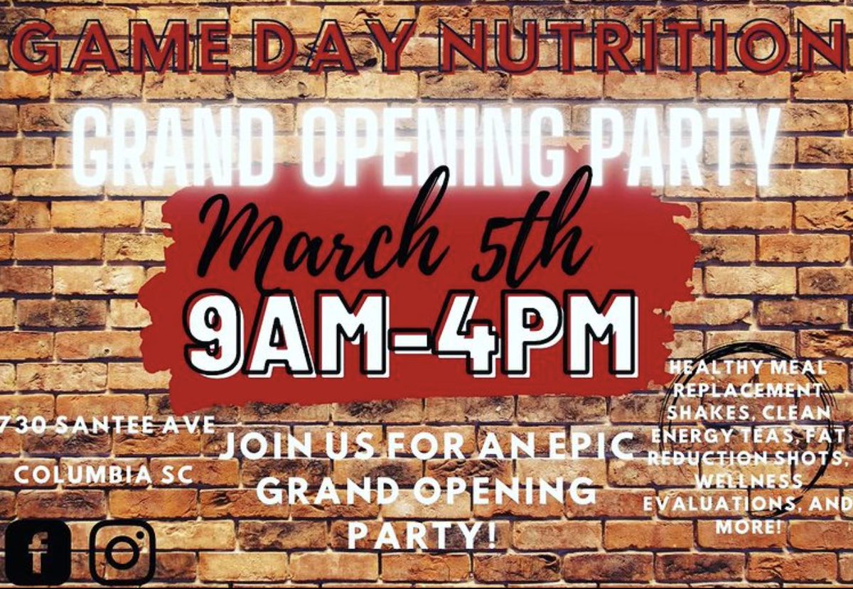 FivePointsSC's tweet photo. Game Day Nutrition is opening up in #FivePoints on Saturday, 3/5. The Grand Opening Party will be from 9AM-4PM at 730 Santee Ave. We will be hosting a formal ribbon-cutting ceremony on Monday, 3/7 at 11AM!
#lovefivepoints #drinkfivepoints #columbiaisopenforbusiness https://t.co/ozkQZhmsSs