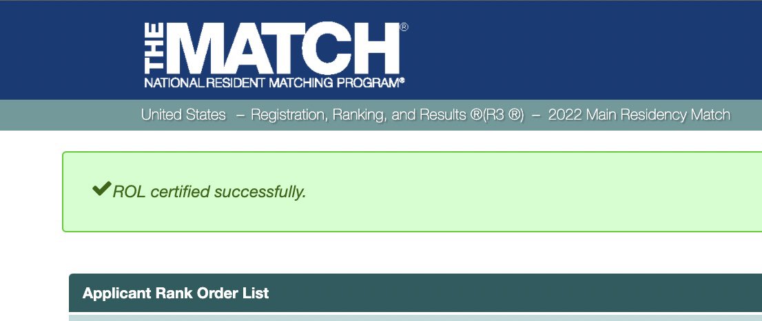 myfriendanas's tweet image. Wow it’s already March 1st! Just 13 days till Match week begins…

A friendly reminder to certify Rank-Order-List ASAP. Deadline is tomorrow, March 2nd at 9:00PM EST. 

Wishing everyone all the best!

#match2022 #nrmp #rankorderlist #residency #medicalstudents #doctor #MedTwitter
