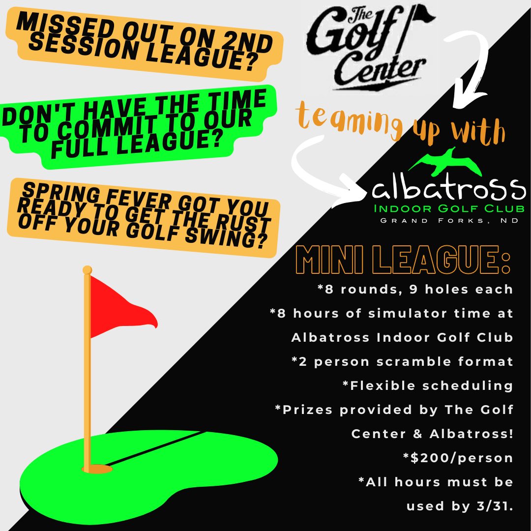 MINI-LEAGUE, Sign Up Now!  Missed out on our full scale league, or can’t commit to the time or money needed for it?  Well, here you go, Mini-League is for YOU!  We’ve teamed up again with The Golf Center for another session of Mini-League.  March is GO TIME 😃 <a href="/TheGolfCenter/">Golf Center</a>