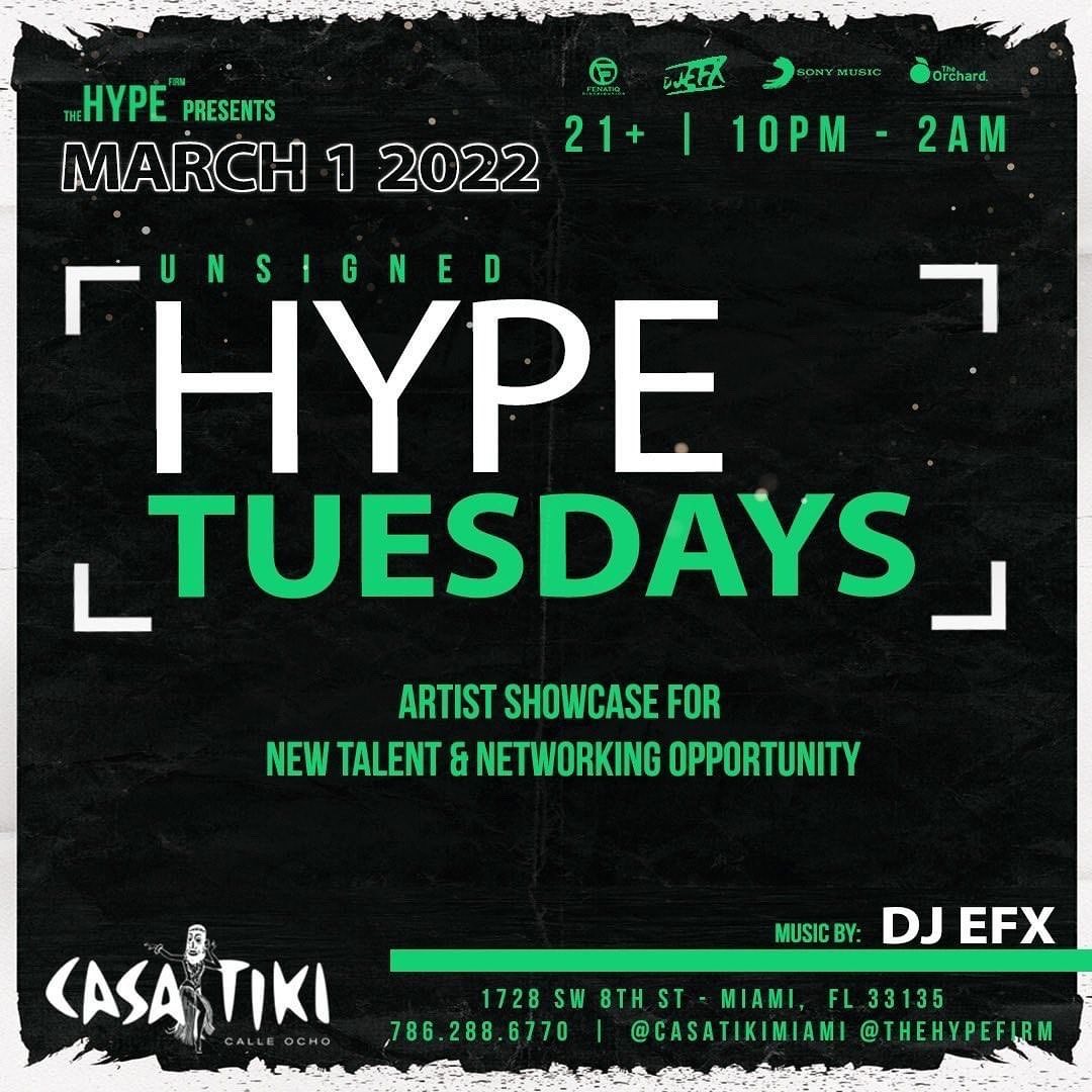 TONIGHT! Hype Tuesdays is BACK! 🎬🙌 Everyone is invited to network with local artists &amp; showcase your talent on stage from 10pm to 2am! Powered by The Hype Firm #casatikimiami