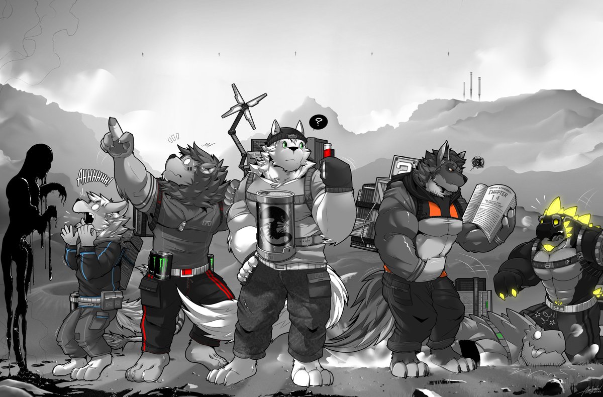 AlienSymbol's tweet photo. New finished drawing I did, commissioned by @LeonRitter94 with his fluffy lion OC and featuring @Riverfolf @Sethmiou @Ookami_Woof @Xerhom and my Paul. All of them have some big packages to deliver to isolated colonies! Let's hope they don't encounter any obstacles on their way 📦 https://t.co/HqpCs6TR5W