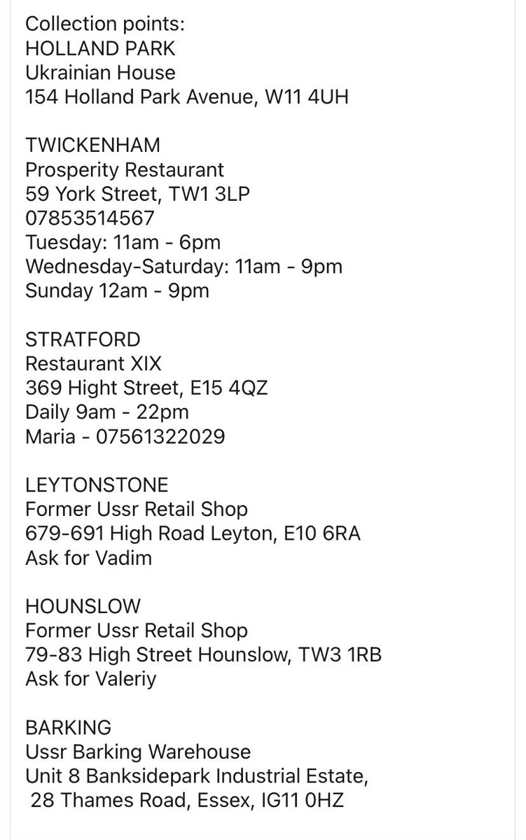 Please see attached. If your in or around the London area please do what you can to donate any of the listed items to the collection points to help the Ukrainian Community 🙏 #Ukraine #UkraineCrisis
