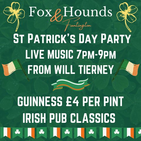 Don't forget to book up for St Patrick's Day!

Should be a fun filled night of music, laughter &amp; #Guinness

01243 575246

#stpatricksday #party #livemusic #fun #17thMarch #foxandhounds #chichester #sussex #drinks #laughter