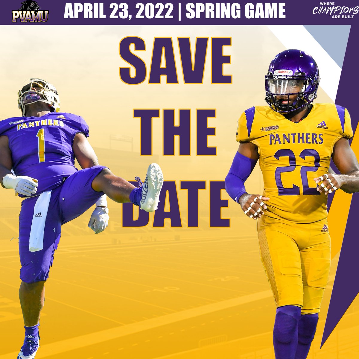 PVAMUPanthers's tweet photo. PVAMUFBALL:  Let’s get ready for some spring football. Save the date as your Panthers bring to you the 2022 Spring Football game April 23rd at 4 pm. #WhereChampionsAreBuilt https://t.co/dfRwqOBKGx