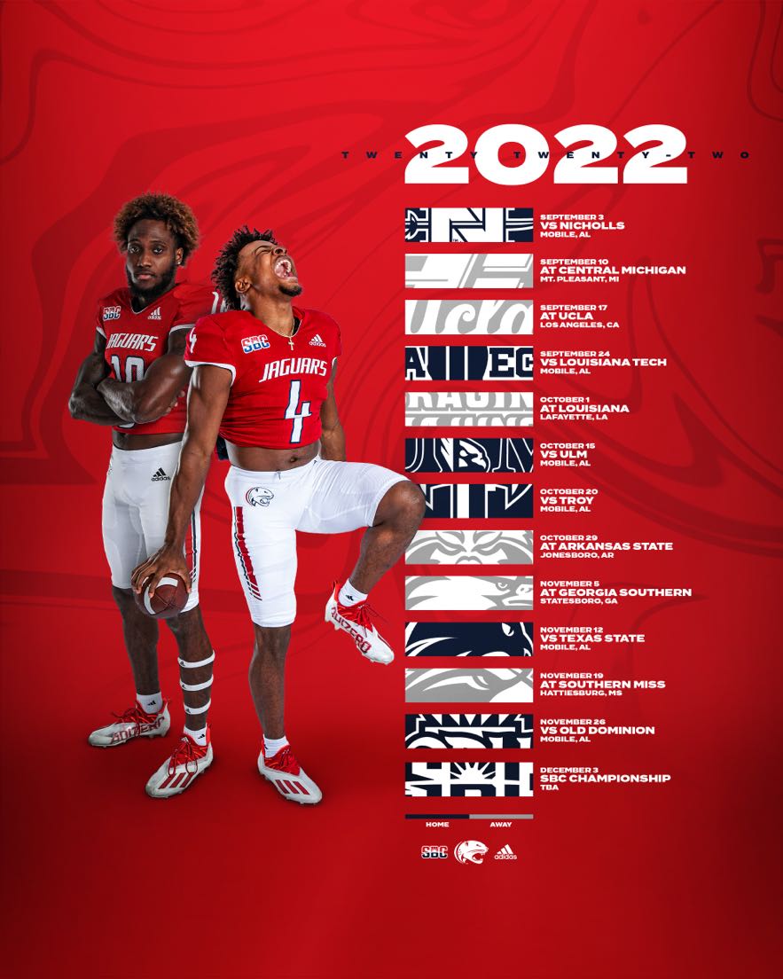 SouthAlabamaFB's tweet photo. The stage is set‼️ Check out our 2022 schedule😤 #LEO https://t.co/ZJu3ZPtJiT
