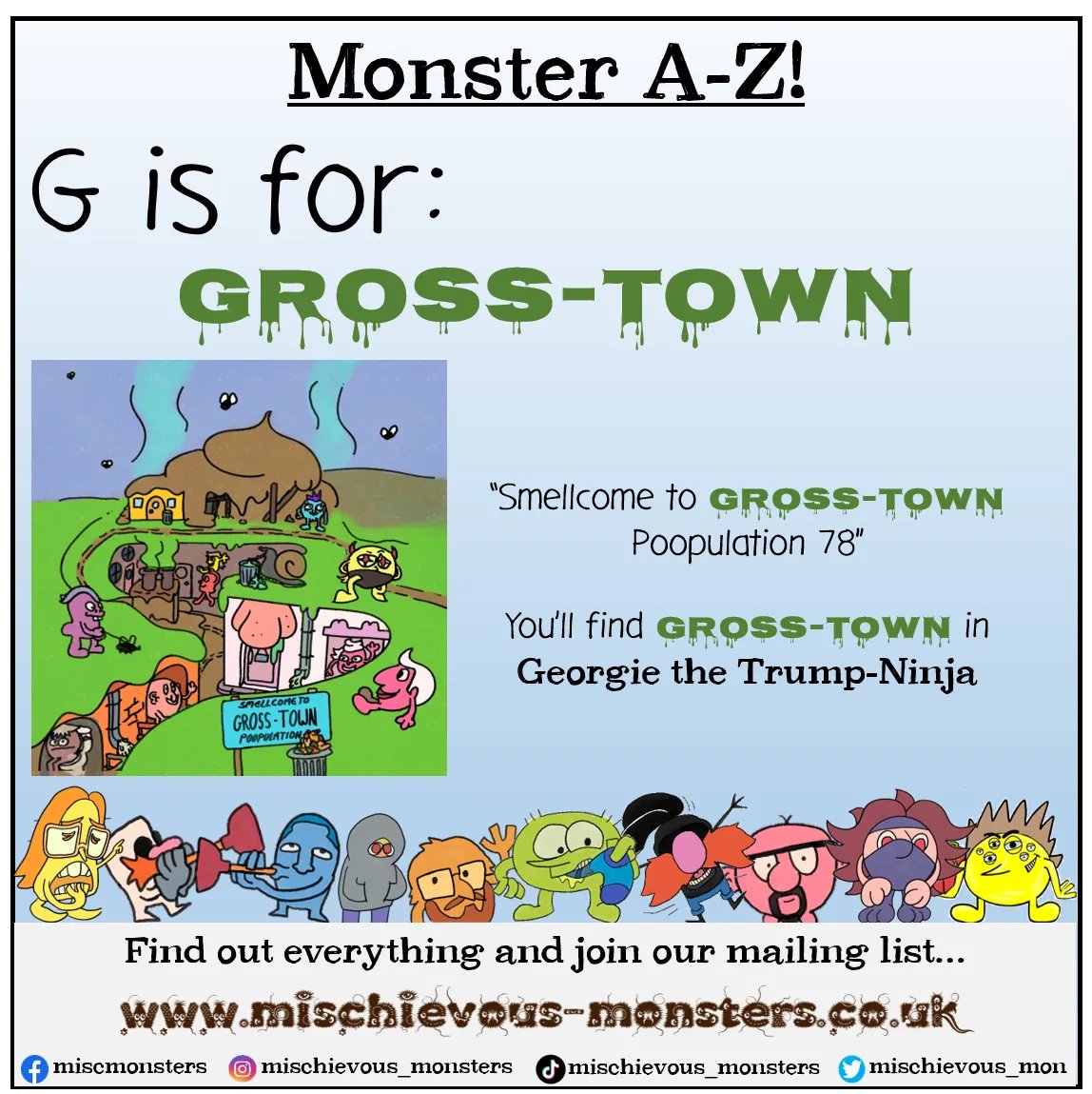 Mischievous_Mon's tweet photo. The Mischievous Monsters A-Z!
Humans would find Gross-Town disgusting to live in but the monster who do, absolutely love it! From Brussels-Sprout-Farmers to Doggy-Poop-Pushers!
#gross #bookpub #monsters #childrensbooks #kidlit #teacherbooks #classroombooks #readingcorner #teacher https://t.co/994SQUgUOy