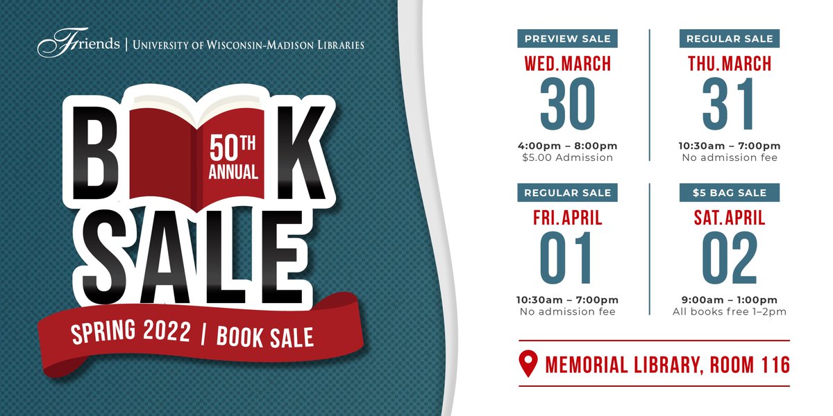 UWMadLibraries's tweet photo. 📅Mark your calendars for March 30 - April 2. The Friends of the UW-Madison Libraries are coming back with their AMAZING Book Sale! 📚📚

We will share more information in the coming weeks so be on the lookout!
🔗https://t.co/lHZmnQeSNY https://t.co/eQtg0ZXbF8