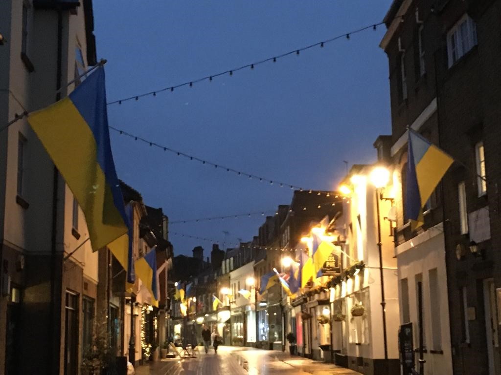 Showing solidarity with our Ukrainian brothers and sisters. We salute your courage &amp; bravery against the crazy Putin Russian despot and his sheep army. The #Ukrainian flags are here  - wall to wall in Church Street. Stay strong. We stand with you! #UkrainiansWillResist #NoToWar