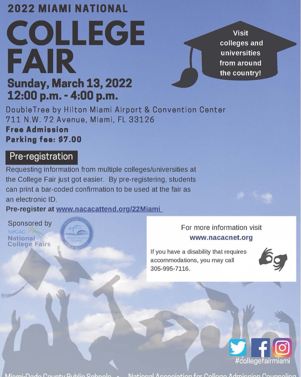 LouGilmanMcC's tweet photo. We are 12 days from Miami’s IN-PERSON National College Fair!  There are almost 200 exhibitors registered so far. Don’t forget to pre-register and save lots of time at the fair AND use the new Matchmaking feature to spend that time with the institutions that best fit you! https://t.co/kL0iL4pGi8