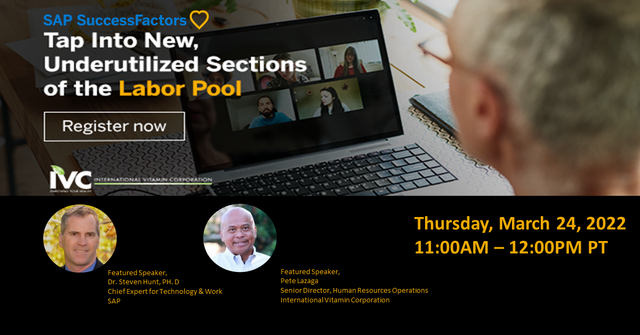 steffinseattle's tweet photo. Join SuccessFactors and International Vitamin Corporation for a virtual roundtable on March 24th and explore ways to tap into new and underutilized sections of the labor pool #HXM @successfactors https://t.co/xyCkaCb9oO https://t.co/bbPANiphh2